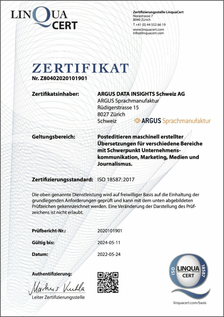 Argus Sprachmanufaktur Zertifikat 18587 deutsch