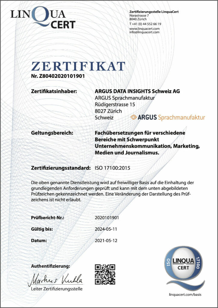 Argus Sprachmanufaktur Zertifikat 17100 deutsch